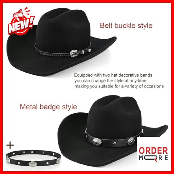 100% Wool Western Cowboy Hat Felt Fedora Adjustable Two Bands - Picture 4 of 8